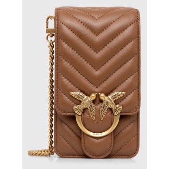 δερμάτινη τσάντα pinko χρώμα καφέ 100% φυσικό δέρμα