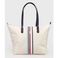 τσάντα tommy hilfiger χρώμα: μπεζ, aw0aw15981 συνθετικό ύφασμα, υφαντικό υλικό