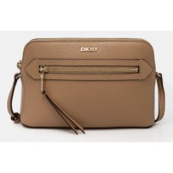 δερμάτινη τσάντα dkny χρώμα: μπεζ, r42eke17 φυσικό δέρμα