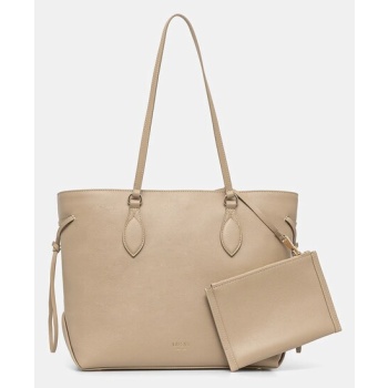 δερμάτινη τσάντα guess florence χρώμα μπεζ, hwflnc l5165