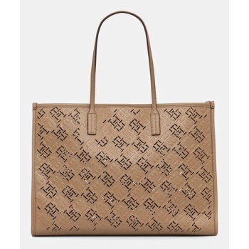 τσάντα tommy hilfiger χρώμα μπεζ, aw0aw17501 100%