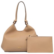 dkny τσαντα ωμου paula tote logo μεταλλικο επιπροσθετο τσαντακι μπεζ