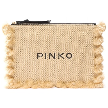 pinko τσαντακι flat handle rafia μπεζ - μαυρο