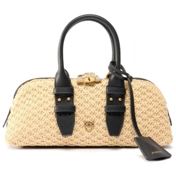 pinko τσαντα bowling bag baguette rafia + vitello seta μπεζ