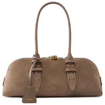 pinko τσαντα bowling baguette big suede + vitello seta μπεζ