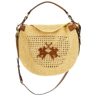 la martina τσαντα ωμου/crossbody hobo raphia/leather logo μπεζ-καφε