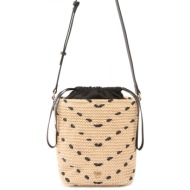 pinko tσαντα bucket mini chevron rafia + vitello seta μπεζ - μαυρο