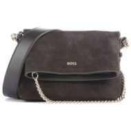 boss τσαντα crossbody yelena flap logo μεταλλικο σκουρο καφε