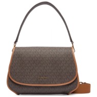 michael kors τσαντα crossbody/ωμου holmes ιμαντας all over logo καφε/ταμπα