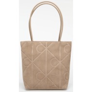 calvin klein emblem aop suede small tote desert taupe universal
