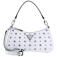 guess γυναικεία mini τσάντα ώμου μονόχρωμη με διαμάντια μπροστά `liona` - hwey9200720 λευκό
