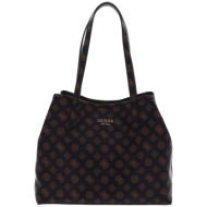 guess γυναικεία τσάντα tote μονόχρωμη με all-over 4g contrast logo print `vikky` - hwpq6995280 καφέ