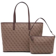 guess γυναικεία τσάντα shopper μονόχρωμη με all-over 4g logo print `power play` - hwsg9006370 καφέ α