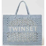 twinset γυναικεία τσάντα χειρός πλεκτή με μεγάλο λογότυπο - 241tb7320 γκρι γαλάζιο