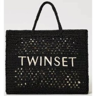 twinset γυναικεία τσάντα χειρός πλεκτή με μεγάλο λογότυπο - 241tb7320 μαύρο