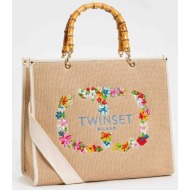 twinset γυναικεία τσάντα πλεκτή με bamboo χερούλια και κέντημα - 241tb7330 μπεζ