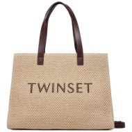 twinset γυναικεία τσάντα shopper ψάθινη με κεντημένο λογότυπο - 241tb7022 μπεζ