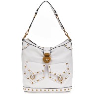 guess γυναικεία τσάντα ώμου μονόχρωμη με all-over σχέδιο με τρουκς `sardinia` - hwvb9008020 λευκό