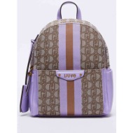 liu jo γυναικείο backpack με all-over contrast monogram print και ρίγες μπροστά - aa4145t9328 καφέ