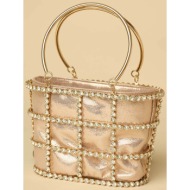 lady diva γυναικεία mini τσάντα bucket μονόχρωμη με μεταλλικό σκελετό με διαμάντια - s24.ld601 μπεζ