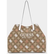 guess γυναικεία τσάντα shopper με all-over 4g monogram και peony print `vikky ii` - hwps9318290 καφέ
