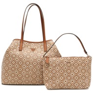 guess γυναικεία τσάντα shopper με all-over πλεκτό γεωμετρικό pattern και αποσπώμενο pouch `vikky ii 