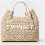 twinset γυναικεία ψάθινη τσάντα χειρός με κεντημένο λογότυπο - 241td8281 λευκό