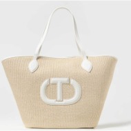 twinset γυναικεία τσάντα shopper ψάθινη με ανάγλυφο κεντημένο λογότυπο - 241td8140 λευκό