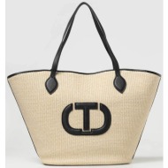 twinset γυναικεία τσάντα shopper ψάθινη με ανάγλυφο κεντημένο λογότυπο - 241td8140 μαύρο