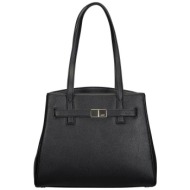 dkny γυναικεία δερμάτινη τσάντα tote μονόχρωμη με μεταλλική λεπτομέρεια `paxton` - r41aac74 μαύρο