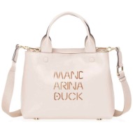 mandarina duck γυναικεία δερμάτινη τσάντα χειρός μονόχρωμη με laser-cut λογότυπο `lady duck s` - p10