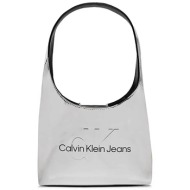 ck jeans γυναικεία τσάντα ώμου μονόχρωμη με logo print - k60k611860 ασημί