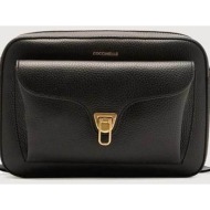 coccinelle γυναικεία δερμάτινη τσάντα crossbody με logo print `beat` - e1mf6-150601 μαύρο