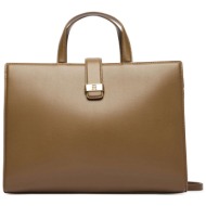 tommy hilfiger τσάντα χειρός με μεταλλικό λογότυπο `th heritage satchel` - aw0aw18287 καφέ