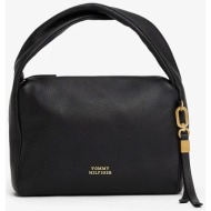 tommy hilfiger γυναικεία δερμάτινη τσάντα χειρός με μεταλλικό λογότυπο - aw0aw18150 μαύρο