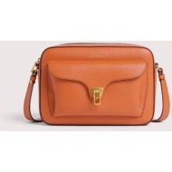 coccinelle γυναικεία δερμάτινη τσάντα crossbody με logo print `beat` - e1mf6-150601 πορτοκαλί σκούρο