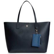 tommy hilfiger γυναικεία τσάντα ώμου με μεταλλικό λογότυπο - aw0aw18724 σκούρο μπλε