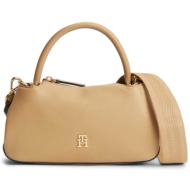 tommy hilfiger γυναικεία τσάντα χειρός με μεταλλικό λογότυπο - aw0aw18743 μπεζ